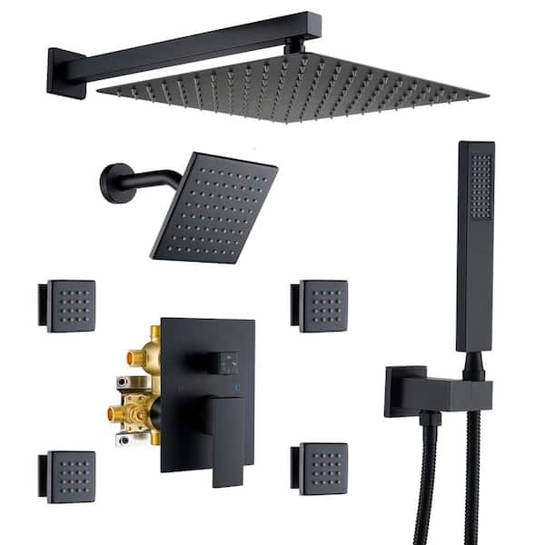 4 Spray Settings 12 in. with Side Jets Wall Mounted Fixed and Handheld Shower Head 1.8 GPM in Matte Black