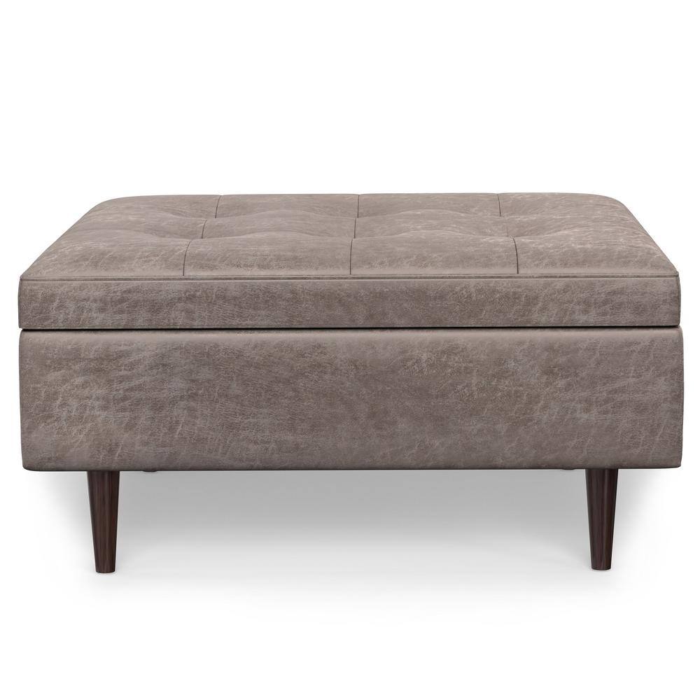 Shay 38" Distressed Grey Taupe Faux Leather Tufted Cocktail Ottoman