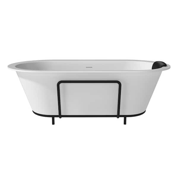 VANITYFUS 66.93 in. W. x 33.46 in. Stone Resin Solid Surface Freestanding Soaking Bathtub with Hose, Drain and Pillow Matte White