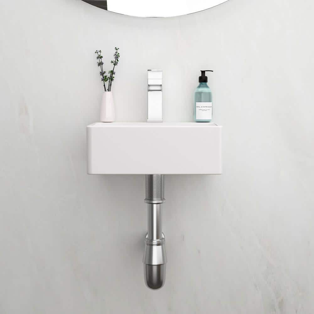 White Ceramic Rectangular Wall-Mount Bathroom Sink