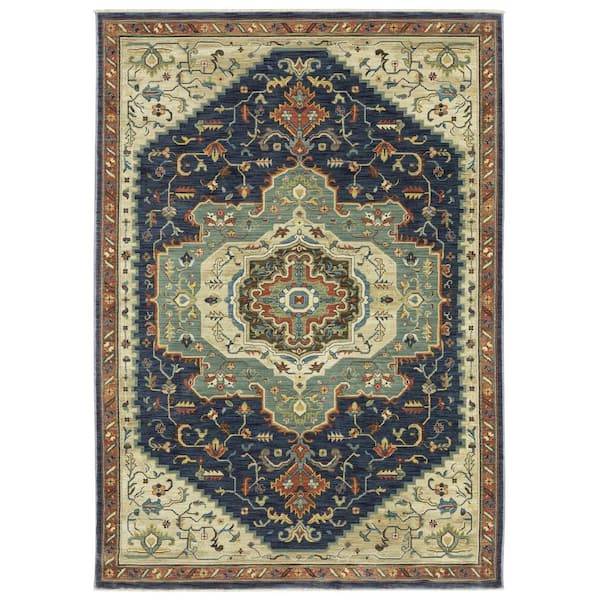 AVERLEY HOME Fleetwood Blue/Beige 5 ft. x 8 ft. Center Oriental Medallion Polypropylene Fringe Edge Indoor Area Rug