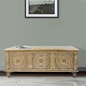 Distressed Brown Handcrafted Acacia Wood Trunk with Lift Top Storage Chest and Medallion Wood Carving