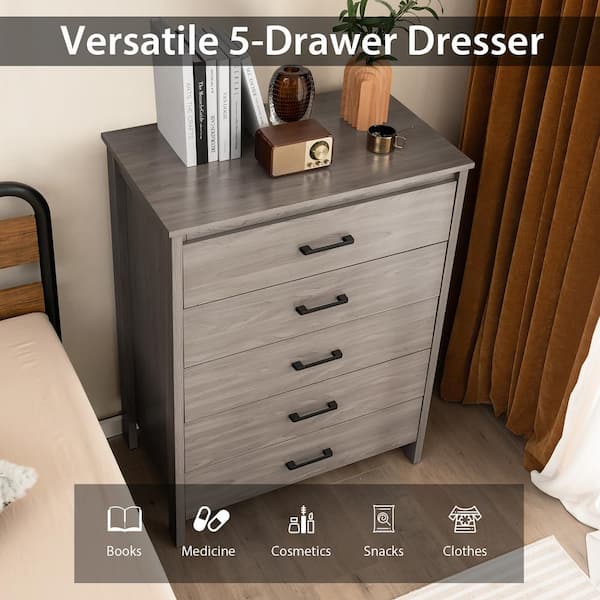 Costway Grey Oak 41.5 in. H Storage Cabinet Modern 5-Drawer