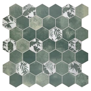 Hexagon 12.5 in. X 12.2 in. Peel and Stick Backsplash Stone Composite Wall Tile, Cement Green (10 Tiles, 9.00 sq.ft.)