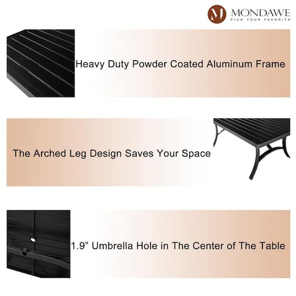 Black Rectangular Patio Aluminum Outdoor Dining Table Accent Side Table with Umbrella Hole