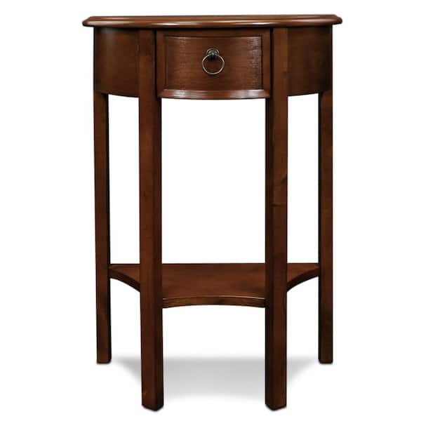 Leick Home Assembled 19 in. W x 10 in. D 1-Drawer Demilune Hall Pecan Finish Wood Console Half-Circle Stand with-Shelf