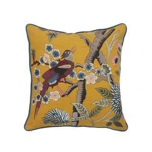 Scenic Yellow Floral Birds Soft Poly-Fill 20in. x 20 in. Indoor Throw Pillow