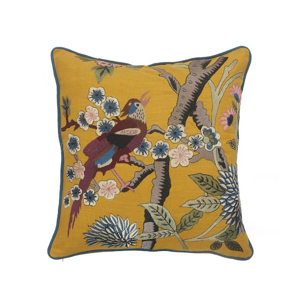 Scenic Yellow Floral Birds Soft Poly-Fill 20in. x 20 in. Indoor Throw Pillow
