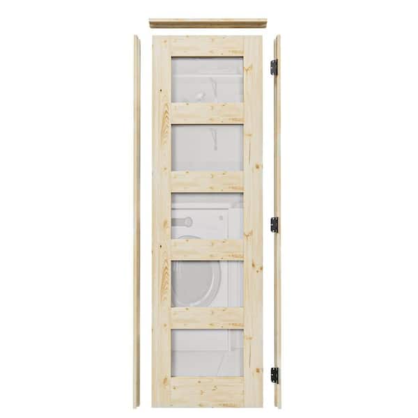 24 in. x 80 in. 5-Lite Frosted Glass Left Unfinished Pine Wood Single Interior Door Kit with Quick Assemble Jamb