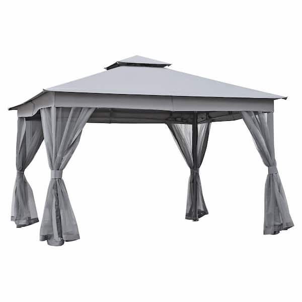 10 ft. x 12 ft. Outdoor Grey Patio Steel Gazebo Tent with Double Roofs and Mosquito Netting for Backyard Lawn and Deck