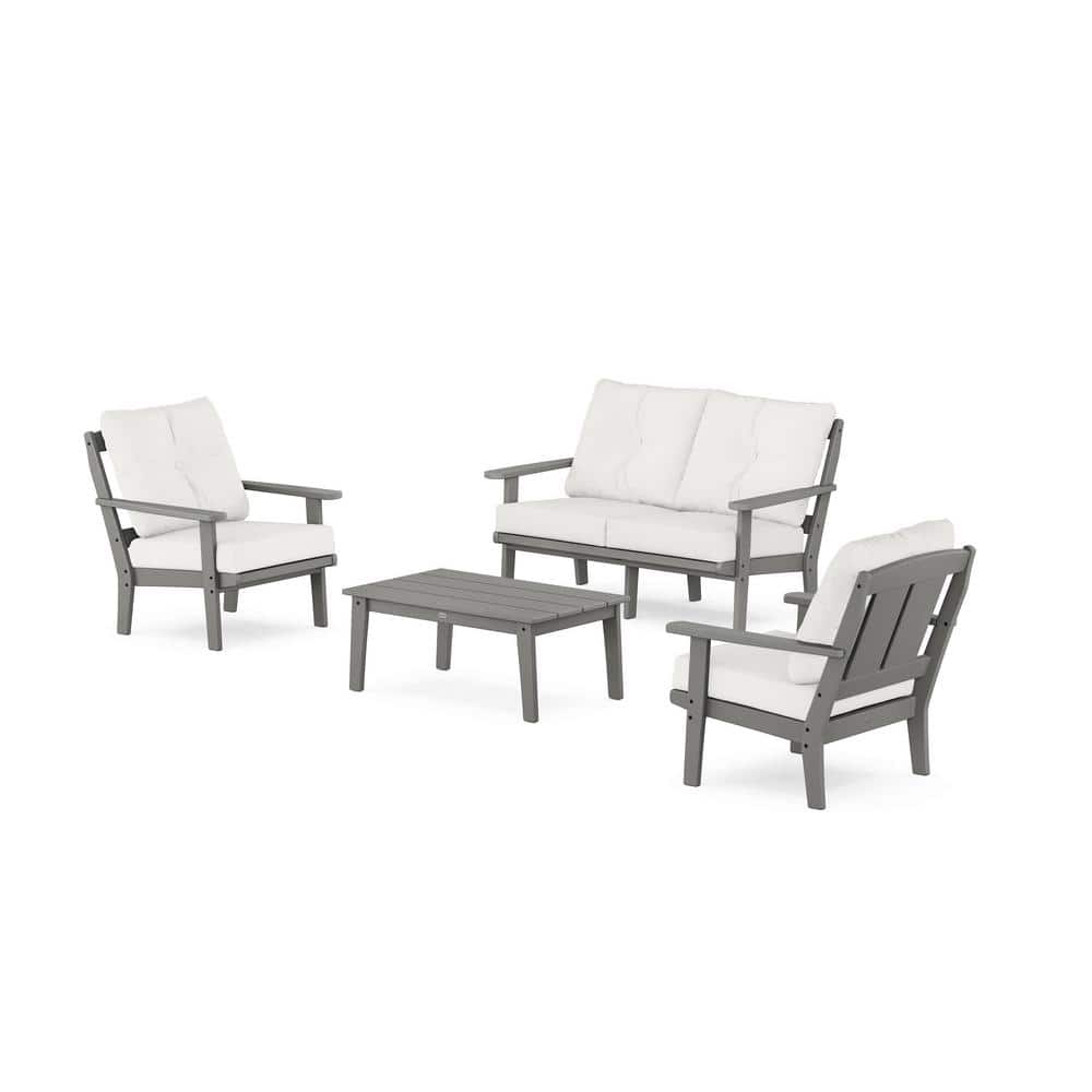 POLYWOOD Mission 4Pcs Plastic Patio Conversation Set with Loveseat in Slate Grey/Natural Linen