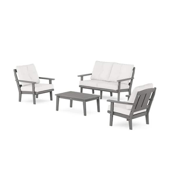 POLYWOOD Mission 4-Pcs Plastic Patio Conversation Set with Loveseat in Slate Grey/Natural Linen Cushions