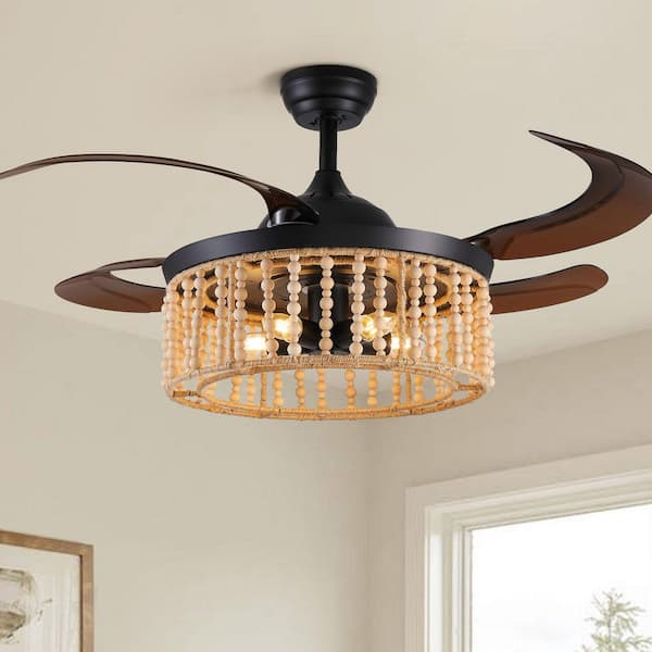 48 in. 5-Lights Wood Bead Lampshade Downrod Mount Standard Ceiling Fan with Light and Remote Control(Bulbs Not Included)