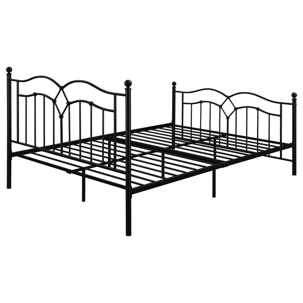 Black Metal Queen Platform Bed with Upholstered Headboard
