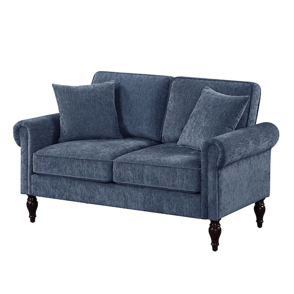Furniture of America Michaud 57 in. Blue Chenille 2-Seats Loveseat with Turned Legs