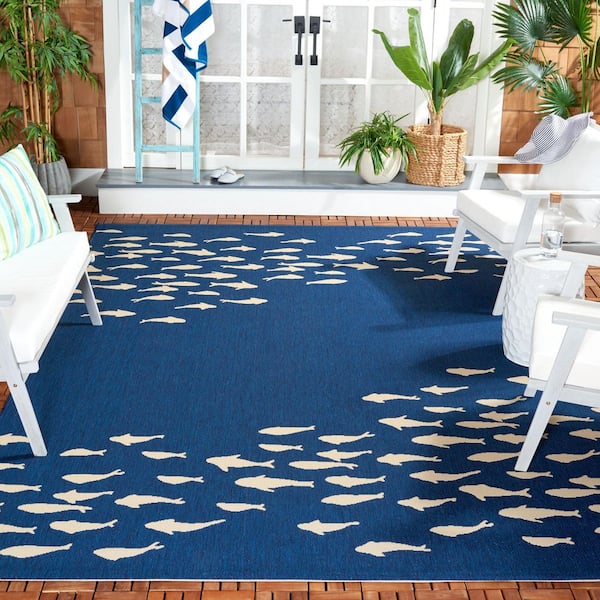 Courtyard Navy/Beige 8 ft. x 11 ft. Aquatic Indoor/Outdoor Area Rug