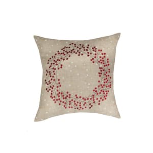 Holly Berry Wreath Embroidered Christmas Pillow, 14 in. x 14 in.