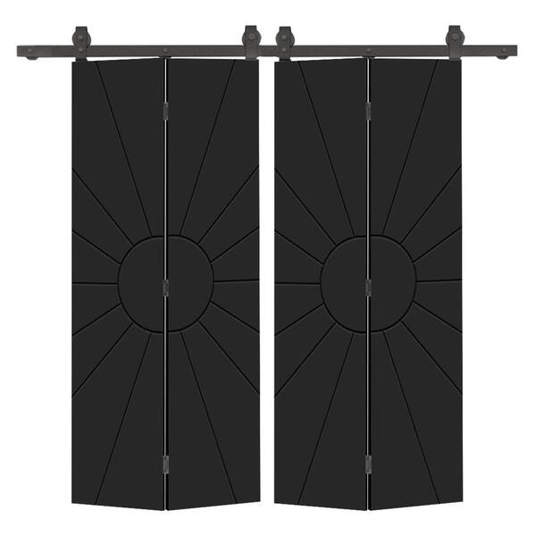 CALHOME Sun 60 in. x 80 in. Hollow Core Black Painted MDF Composite Bi-Fold Double Barn Door with Sliding Hardware Kit
