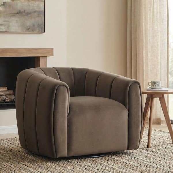 Dark Brown Soft Velvet 360° Swivel Barrel Chair Modern Club Chair, No Assembly Required