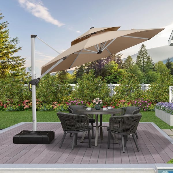 PURPLE LEAF 10 ft. Octagon High-Quality Aluminum Cantilever Polyester Outdoor Patio Umbrella with Base, Beige