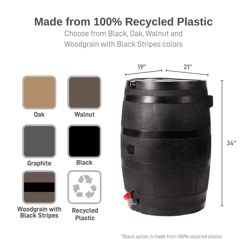 Black 50 Gallon Recycled Plastic Rain Barrel