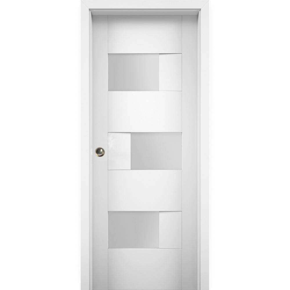 White Silk MDF Sliding Pocket Door with Opaque Glass and Rail Hardware