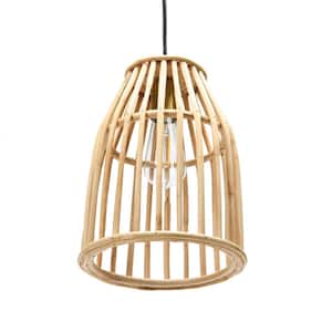 12 in. 1-Light Brown Pendant Lamp with Woven Bamboo Shade