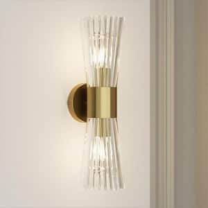 Hurley 16.75 in. W 2-Light Brushed Gold Industrial Wall Sconce with Unique Tube Clear Glass Shade