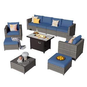 Ontario Lake Gray 10-Piece Wicker Outdoor Patio Rectangular Fire Pit Sectional Sofa Set with Denim Blue Cushions