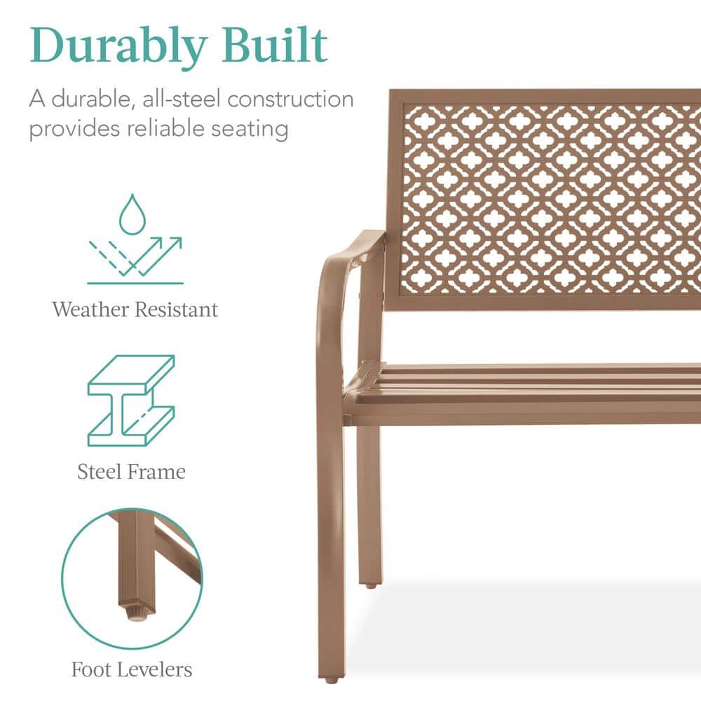 Taupe Steel Geometric Backrest Garden Bench with Arms
