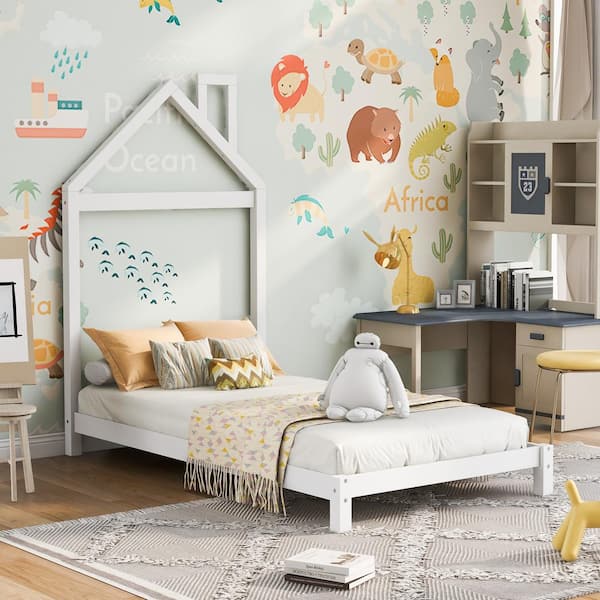 Qualler White Twin Size Platform Bed with House-Shaped Headboard