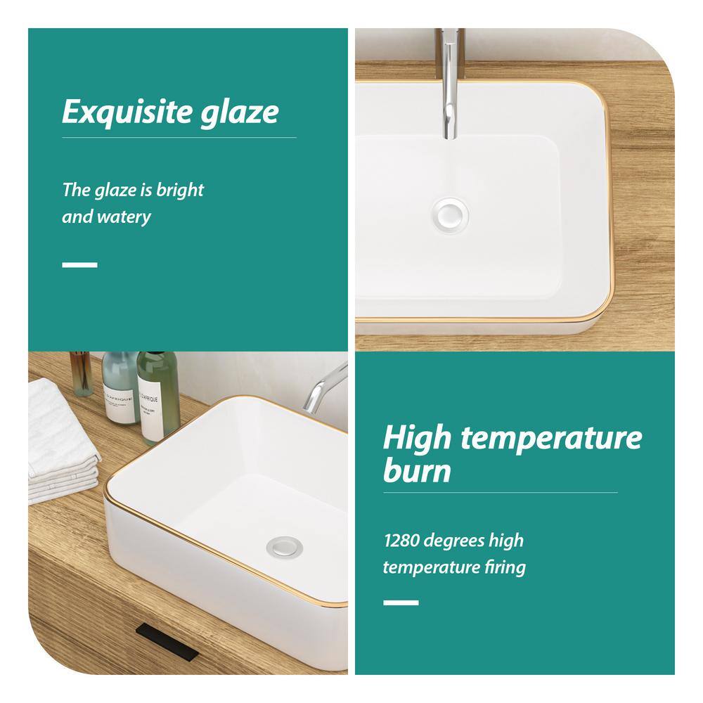 19x15 Inch White Ceramic Rectangular Vessel Bathroom Sink with Gold Trim