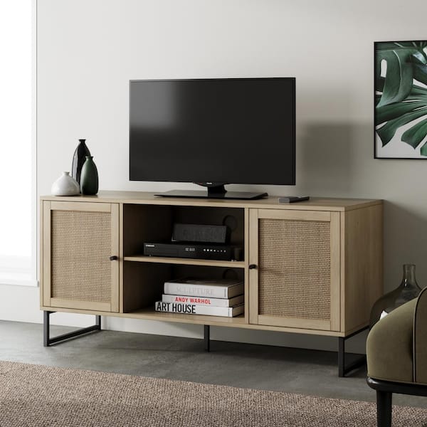 Nathan James Mina 47 in. Oak and Black Composite TV Stand Fits TVs Up to 55 in. with Storage Doors