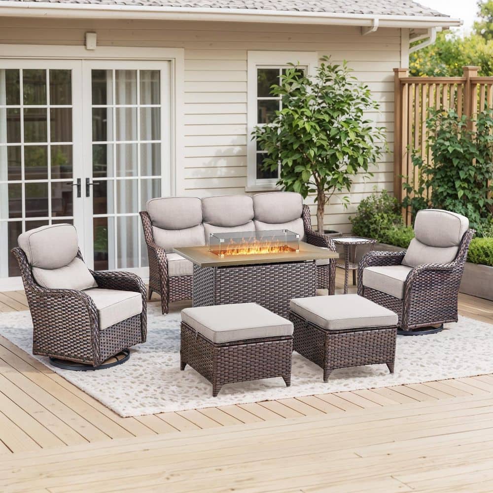 MoonLuxe Brown Wicker Fire Pit Conversation Set with Beige Olefin 6 In. Thick Cushions Patio Swivel Chairs (7-Piece) price history on PriceWatchPro