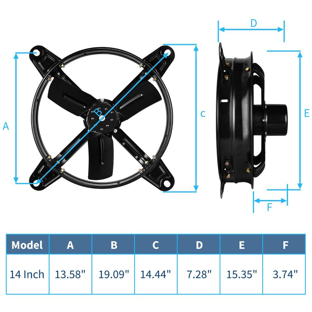 14 Inch Black Galvanized Steel Attic Ventilation Fan