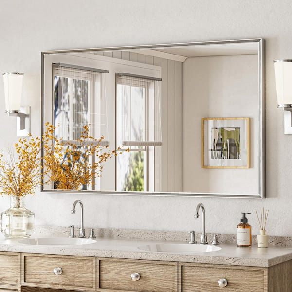 60 in. W x 36 in. H Aluminum Beveled Edge Rectangular Framed Bathroom Vanity Wall Mount Mirror in Brushed Silver