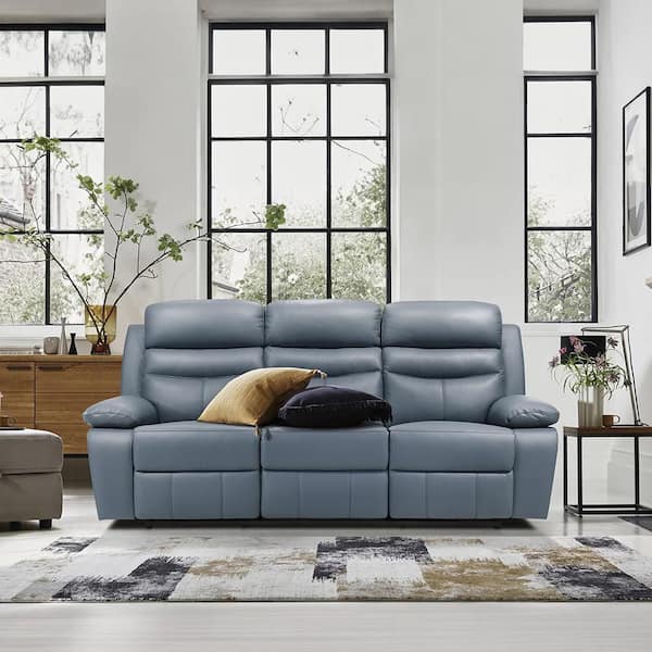 Edelia 86.5 in. W Pillow Arm Leather Rectangle 3-Piece Manual Double Reclining Sofa Set in Blue