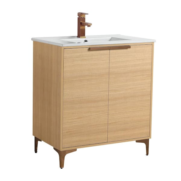FINE FIXTURES 30 in. W x 18.5 in. D x 35.25 in. H Bath Vanity in Natural Oak with Rose Gold Hardware and White Ceramic Sink top