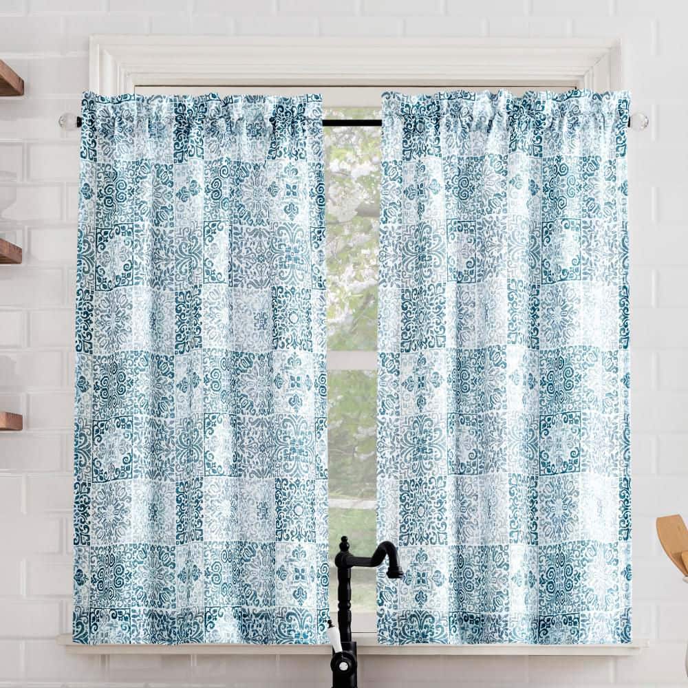 Genoa Mosaic Blue Polyester 54 in. W x 24 in. L Rod Pocket Light Filtering Curtain Tier Pair for Kitchens (Set of 2) price history on PriceWatchPro