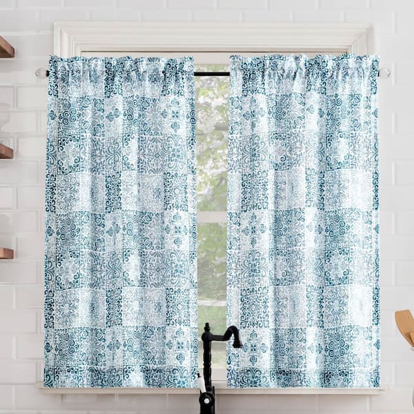 Genoa Mosaic Blue Polyester 54 in. W x 36 in. L Rod Pocket Light Filtering Curtain Tier Pair for Kitchens (Set of 2)
