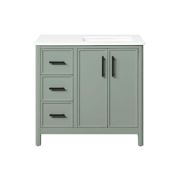 Solas 36 in. Single Sink Sage Green Freestanding Bath Vanity with White Engineered Stone Top