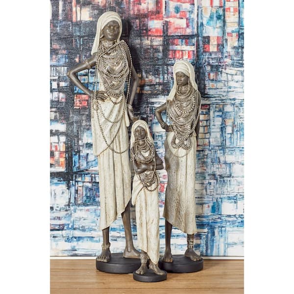 White Polystone Standing African Woman Sculpture with Intricate Jeweled Details (Set of 3)