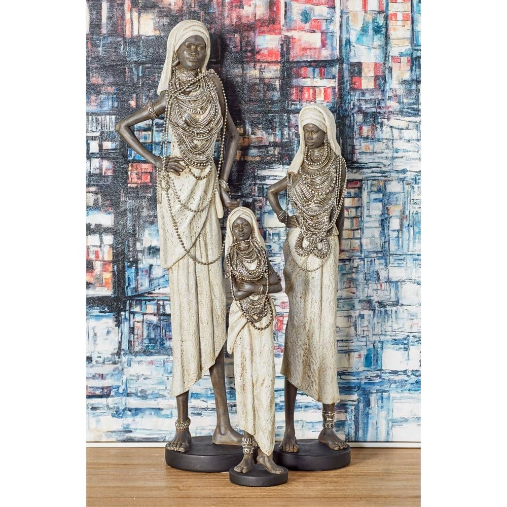 Elegant Trio of Polystone African Woman Sculptures in White