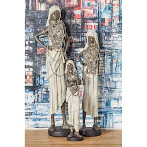 White Polystone Standing African Woman Sculpture with Intricate Jeweled Details (Set of 3)