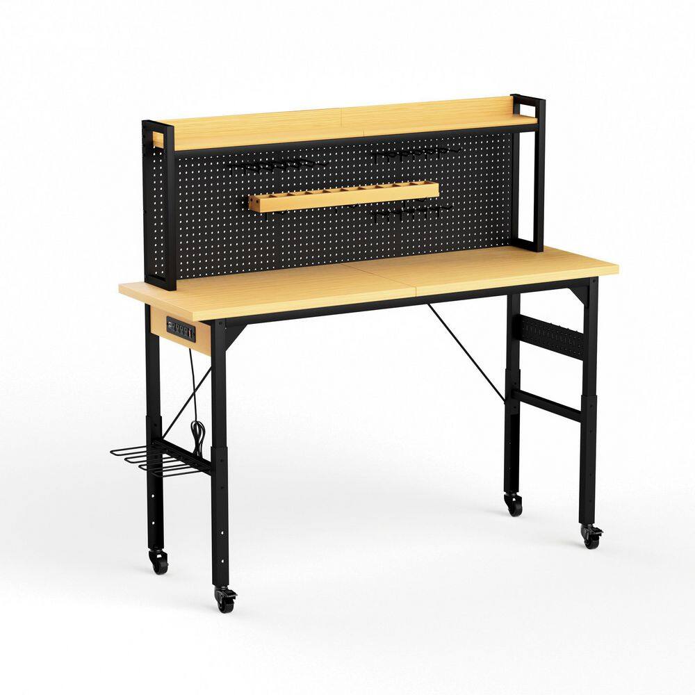 71 in. W x 23.6 in. D Adjustable Height Black Workbench Table with Solid Wood Top, Wheels, Outlet, Hooks, Shelf price history on PriceWatchPro