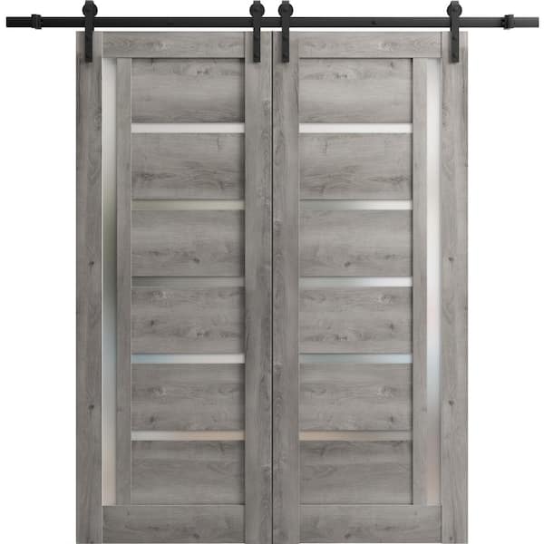 Sartodoors 18 in. x 80 in. 2 Panel Frosted Glass Nebraska Grey Solid MDF Sliding Barn Door with Hardware Kit