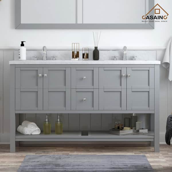 60 in. W x 22 in. D x 35.4 in. H Double Sink Solid Wood Bath Vanity in Gray with White Natural Marble Top and Basin