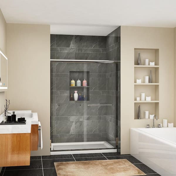 ANGELES HOME 54 in. W x 72 in. H Sliding Semi-Frameless Bypass 2 Way Sliding Shower Doors in Chrome Finish with Clear Glass