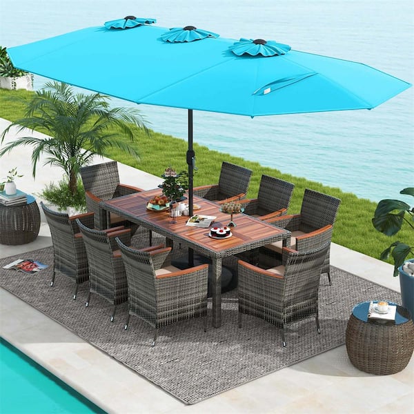 Costway 10-Piece Wicker Rectangle Outdoor Dining Set with Beige Neutral Cushions and Turquoise Umbrella