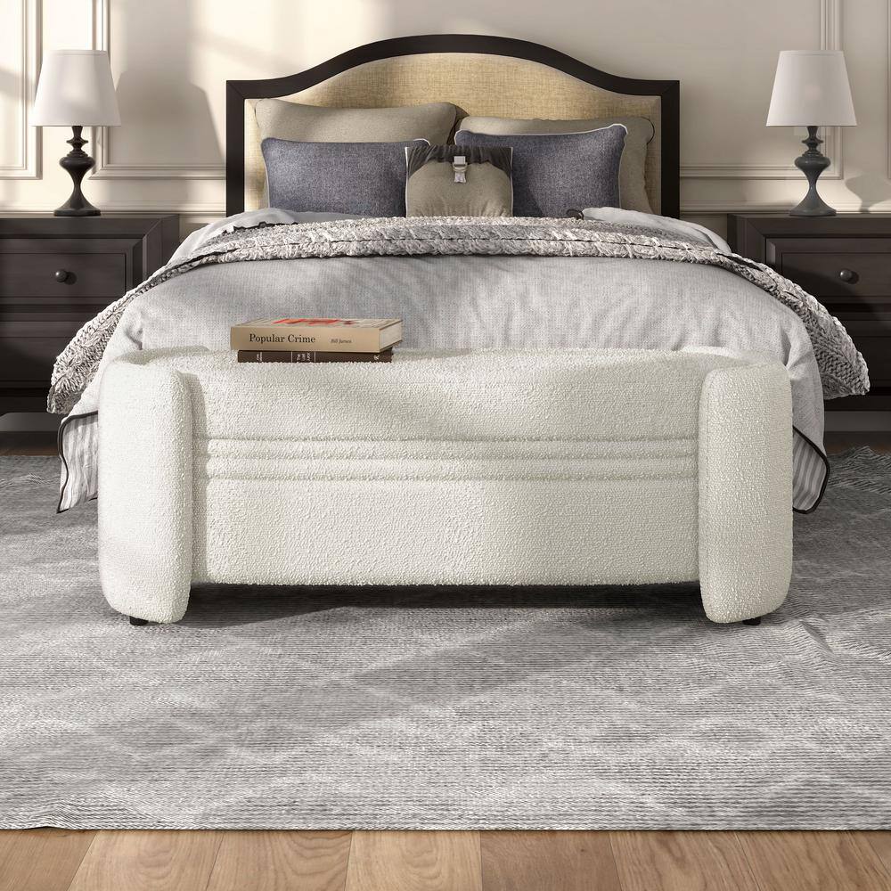 White Boucle Upholstered Storage Bench with Wood Frame